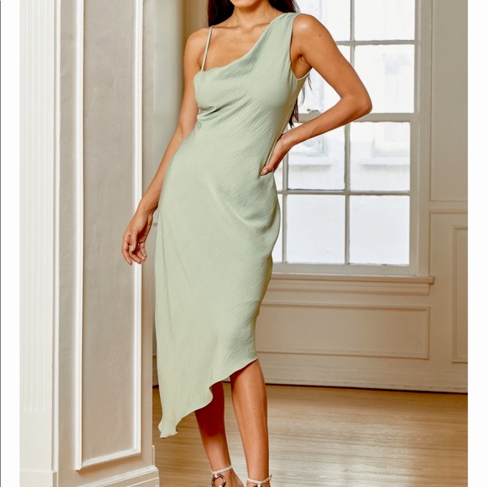 Lulus Sage Green Asymmetrical Wedding Guest Dress